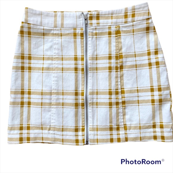 H&M PLAID MICRO MINI SKIRT YELLOW WHITE ZIP FRONT SIZE SMALL DENIM - Picture 1 of 9